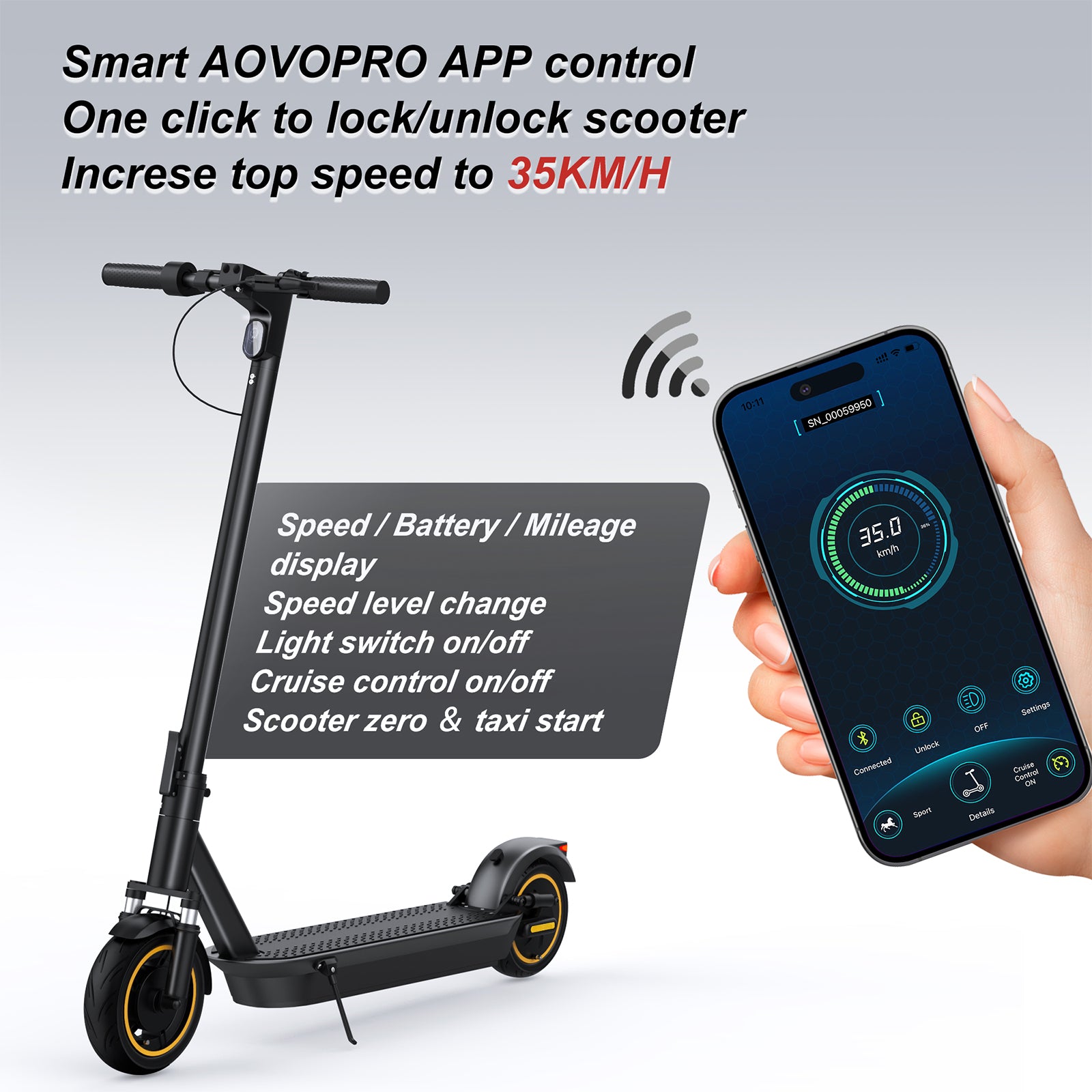 AOVOPRO Esmax 3 speed gears 35-45KM Range Front Drum & RearElectric Brake adult Foldable electric Scooter